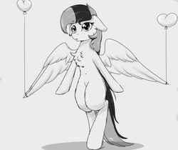 Size: 3000x2520 | Tagged: safe, artist:php146, oc, oc only, pegasus, pony, balloon, bipedal, chest fluff, female, high res, mare, monochrome, solo