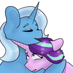 Size: 2000x2000 | Tagged: safe, artist:sharksrule12, starlight glimmer, trixie, pony, g4, female, high res, hug, lesbian, mare, ship:startrix, shipping, simple background, white background