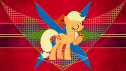 Size: 3840x2160 | Tagged: safe, artist:kamyk962, artist:laszlvfx, edit, applejack, earth pony, pony, g4, eyes closed, female, hatless, high res, missing accessory, solo, wallpaper, wallpaper edit