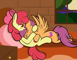 Size: 3300x2550 | Tagged: safe, artist:skyflys, apple bloom, scootaloo, earth pony, pony, g4, cute, female, high res, lesbian, scootalove, ship:scootabloom, shipping, snuggling