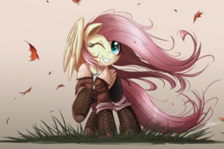 Size: 2000x1333 | Tagged: safe, artist:ncmares, fluttershy, pegasus, pony, g4, autumn leaves, boots, clothes, cute, female, hoof boots, jacket, leaf, leaves, mare, one eye closed, pants, raised hoof, shyabetes, signature, solo, wind, windswept mane, windswept tail