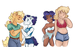 Size: 1024x630 | Tagged: safe, artist:bewarethemusicman, applejack, rarity, human, anthro, g4, alternate hairstyle, belly button, belt, bikini, chubby, clothes, dark skin, eyes closed, female, freckles, humanized, lesbian, midriff, one eye closed, plump, ship:rarijack, shipping, shorts, swimsuit