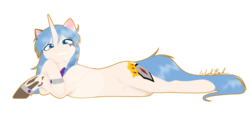 Size: 1024x469 | Tagged: safe, artist:fuyusfox, oc, oc only, oc:chevalier, pony, unicorn, blue eyes, bracelet, cute, female, hoof on cheek, jewelry, looking at you, lying, mare, outline, prone, signature, smiling, solo, watermark