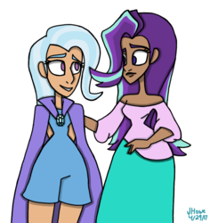 Size: 934x990 | Tagged: safe, artist:lady-jay-bird, starlight glimmer, trixie, human, g4, clothes, dark skin, dress, female, humanized, lesbian, moderate dark skin, ship:startrix, shipping, simple background, white background