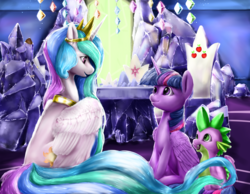 Size: 3600x2800 | Tagged: dead source, safe, artist:makkah, princess celestia, spike, twilight sparkle, alicorn, dragon, pony, g4, chair, crown, cutie map, female, friendship throne, high res, jewelry, looking at each other, male, mare, regalia, sitting, smiling, trio, twilight sparkle (alicorn), twilight's castle