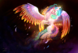 Size: 2531x1719 | Tagged: safe, artist:elzafox, princess celestia, alicorn, pony, g4, colored wings, colored wingtips, female, flying, glowing eyes, mare, multicolored wings, solo