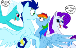 Size: 3962x2469 | Tagged: safe, artist:delphina34, fleetfoot, rainbow dash, rarity, soarin', pony, g4, eye contact, female, fleetfoot the shipper, high res, looking at each other, male, ship:soarindash, shipper on deck, shipperity, shipping, simple background, straight, transparent background