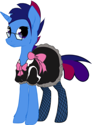 Size: 2048x2761 | Tagged: safe, artist:carminestrider, oc, oc only, oc:marquis majordome, pony, unicorn, bow, clothes, crossdressing, cute, dress, fishnet clothing, fishnet stockings, french maid, glasses, high res, maid, male, ocbetes, simple background, solo, stallion, transparent background