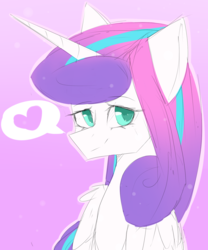 Size: 1280x1539 | Tagged: safe, artist:cupofvanillatea, princess flurry heart, alicorn, pony, g4, female, gradient background, heart, lidded eyes, looking at you, mare, older, pictogram, pink background, simple background, smiling, solo, speech bubble, spoken heart