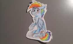 Size: 3200x1920 | Tagged: safe, artist:rbd9510, rainbow dash, pony, g4, blushing, female, flirting, grin, raised hoof, smiling, solo, traditional art