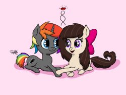 Size: 720x540 | Tagged: dead source, safe, artist:php142, oc, oc only, oc:aggie, oc:krylone, pony, accessory, bow, cute, heart, holding hooves, kryggie, looking at each other, rainbow hair, shipping, sitting, wingding eyes