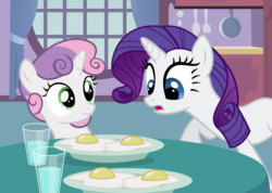 Size: 5000x3559 | Tagged: dead source, safe, artist:nevermattie, rarity, sweetie belle, pony, unicorn, g4, sisterhooves social, absurd resolution, duo, egg (food), female, filly, food, mare, milk, rarity looking at food, sisters, sweetie belle can cook, vector