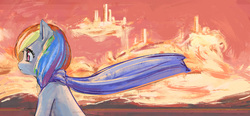 Size: 1700x787 | Tagged: safe, artist:mirroredsea, rainbow dash, pegasus, pony, g4, clothes, cloudsdale, female, scarf, solo, sunset, wind