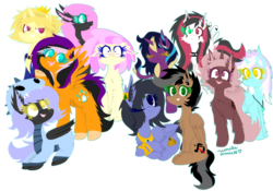 Size: 1024x716 | Tagged: safe, artist:vanillaswirl6, oc, oc only, oc:artsong, oc:cloudy night, oc:cream cloud, oc:crona, oc:eigii, oc:emala jiss, oc:midnight fairytale, oc:prince lionel, oc:sunrise, oc:vanilla swirl, oc:wind blade, alicorn, bat pony, classical unicorn, earth pony, pegasus, pony, unicorn, :c, :d, :o, alicorn oc, bracelet, cheek fluff, chibi, clothes, colored eyelashes, colored hooves, costume, crown, curved horn, cute, cute little fangs, ear fluff, eyes closed, fangs, female, fluffy, flying, freckles, frown, gift art, glasses, group, happy, heterochromia, horn, jewelry, leonine tail, looking at something, looking at you, male, mare, necklace, no pupils, one eye closed, open mouth, outline, raised hoof, regalia, sharp teeth, shoulder fluff, signature, sitting, smiling, spread wings, stallion, surprised, teeth, unshorn fetlocks, wall of tags, wings, wink