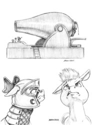 Size: 1100x1465 | Tagged: safe, artist:baron engel, apple bloom, oc, oc:stone mane (baron engel), earth pony, pony, g4, armor, bfg, bow, cannon, colt, floppy ears, grayscale, hair bow, male, monochrome, older, pencil drawing, simple background, size difference, story included, traditional art, white background