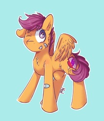 Size: 1469x1713 | Tagged: safe, artist:mad-maker-cat, scootaloo, pony, g4, bandaid, blue background, female, one eye closed, simple background, solo, wink