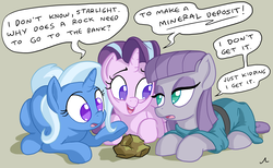 Size: 3900x2400 | Tagged: safe, artist:docwario, maud pie, starlight glimmer, trixie, earth pony, pony, unicorn, g4, rock solid friendship, dialogue, female, high res, joke, mare, no pupils, rock, simple background, text, trio
