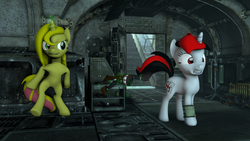 Size: 1920x1080 | Tagged: safe, artist:charlydasher, oc, oc only, oc:blackjack, oc:marmalade, pony, fallout equestria, fallout equestria: project horizons, 3d, armory, bipedal, bipedal leaning, gun, holes, leaning, literal butthurt, pain, shotgun, source filmmaker, surprised, this is going to hurt, unexpected, weapon