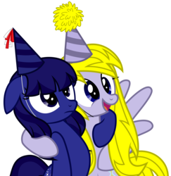 Size: 5209x5358 | Tagged: safe, artist:timeymarey007, oc, oc only, oc:azure wrath, oc:timey marey, pony, .svg available, absurd resolution, angry, duo, floppy ears, happy, hat, open mouth, party hat, simple background, transparent background, vector, wings