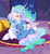 Size: 1200x1308 | Tagged: safe, artist:soft-arthropod, princess celestia, trixie, alicorn, pony, unicorn, g4, alternate hairstyle, blushing, cuddling, derpyluna daily, eyes closed, female, lesbian, mare, missing accessory, prone, shipping, smiling, trixlestia