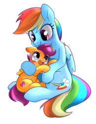 Size: 1400x1800 | Tagged: safe, artist:renokim, rainbow dash, scootaloo, pegasus, pony, g4, cute, cutealoo, female, filly, floppy ears, foal, folded wings, hug, looking at each other, looking at someone, mare, open mouth, scootalove, signature, simple background, sitting, smiling, the cmc's cutie marks, white background, wings