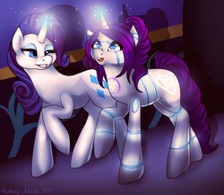 Size: 1500x1300 | Tagged: safe, artist:fur-what-loo, rarity, oc, oc:raribot, pony, robot, robot pony, unicorn, g4, commission, duo, female, glowing horn, horn, mare, mother and daughter, night, smiling, stars, step-mother