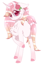 Size: 1726x2412 | Tagged: safe, artist:php146, oc, oc only, pony, unicorn, art trade, chest fluff, colored hooves, colored pupils, cute, eye clipping through hair, female, floppy ears, flower, flower in hair, fluffy, looking at you, mare, ocbetes, simple background, smiling, solo, white background