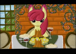 Size: 2048x1453 | Tagged: safe, artist:aquaangel1010, apple bloom, earth pony, pony, g4, date, female, food, restaurant, solo