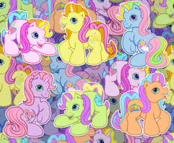 Size: 2147x1767 | Tagged: safe, artist:anscathmarcach, brights brightly, cheerilee (g3), feeling flitter, night shine, rarity (g3), whistle wishes, pony, unicorn, g3, the runaway rainbow, adorabrights, background pony, cute, excited, feelingdorable, female, g3 cheeribetes, g3 nightabetes, g3 raribetes, g3 whistlebetes, g3betes, group, happy, mare, open mouth, open smile, runaway rainbow, smiling, tile, tiled background