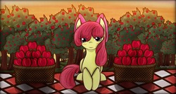 Size: 2048x1087 | Tagged: safe, artist:aquaangel1010, apple bloom, earth pony, pony, g4, apple, blushing, female, food, looking at you, picnic, picnic blanket, solo, sunset, sweet apple acres