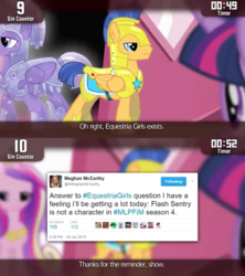 Size: 640x720 | Tagged: safe, edit, edited screencap, screencap, amethyst stone, flash sentry, princess cadance, twilight sparkle, alicorn, crystal pony, pegasus, pony, cinemare sins, g4, three's a crowd, meghan mccarthy, meta, text, twilight sparkle (alicorn), twitter