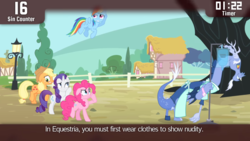 Size: 1920x1080 | Tagged: safe, edit, edited screencap, screencap, applejack, discord, pinkie pie, rainbow dash, rarity, draconequus, earth pony, pegasus, pony, unicorn, cinemare sins, g4, three's a crowd, blue flu, caption, female, male, mare, nudity, we don't normally wear clothes