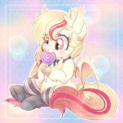 Size: 1024x1024 | Tagged: safe, artist:pvrii, oc, oc only, bat pony, pony, candy, chest fluff, clothes, cute, cute little fangs, ear fluff, eating, fangs, female, food, hnnng, leg fluff, lollipop, mare, nom, ocbetes, socks, solo, stockings, striped socks, thigh highs