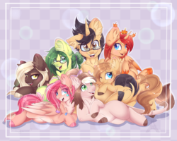 Size: 1600x1280 | Tagged: safe, artist:pvrii, oc, oc only, earth pony, pegasus, pony, unicorn, commission, crown, female, glasses, group, jewelry, looking at you, male, mare, open mouth, regalia, smiling, stallion