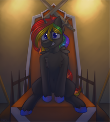 Size: 1771x1959 | Tagged: safe, artist:marsminer, oc, oc only, oc:rainbow moon, pony, chest fluff, looking at you, male, solo, stallion, sword, throne, unshorn fetlocks, weapon