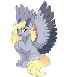 Size: 3000x3600 | Tagged: safe, artist:scarletskitty12, derpy hooves, pegasus, pony, g4, alternate hairstyle, cute, female, high res, large wings, mare, simple background, sitting, smiling, solo, spread wings, white background, wings