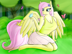 Size: 4000x3000 | Tagged: safe, artist:huckser, fluttershy, butterfly, pegasus, anthro, plantigrade anthro, g4, breasts, cleavage, clothes, cute, female, kneeling, midriff, skirt, solo