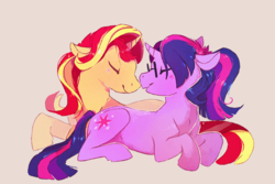 Size: 750x500 | Tagged: safe, artist:azuredoodles, sci-twi, sunset shimmer, twilight sparkle, pony, unicorn, series:sciset diary, equestria girls, g4, boop, cute, equestria girls ponified, female, lesbian, noseboop, ponified, shimmerbetes, ship:sci-twishimmer, ship:sunsetsparkle, shipping, twiabetes, unicorn sci-twi, wingless