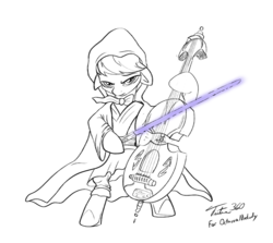 Size: 900x801 | Tagged: safe, artist:tsitra360, octavia melody, earth pony, pony, g4, bipedal, cello, clothes, female, jedi, lightsaber, monochrome, musical instrument, partial color, solo, star wars, weapon