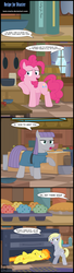 Size: 800x2943 | Tagged: safe, artist:toxic-mario, derpy hooves, maud pie, pinkie pie, spitfire, pegasus, pony, comic:toxic-mario's derpfire shipwreck, g4, rock solid friendship, apple, armpit wing, bipedal, book, bread, comic, cookbook, female, food, mare, muffin, oven, pie, speech bubble, spitfire's hair is fire