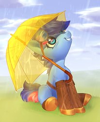 Size: 1783x2160 | Tagged: safe, artist:aphphphphp, oc, oc only, oc:ryo, pony, unicorn, boots, commission, female, goggles, grin, looking up, mare, rain, sitting, smiling, solo, umbrella, ych result