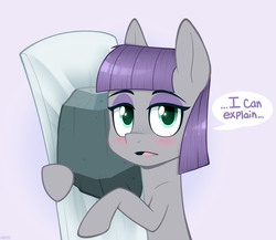 Size: 1150x999 | Tagged: safe, artist:higglytownhero, maud pie, earth pony, pony, g4, awkward moment, blushing, body pillow, caught, cute, dialogue, female, looking at you, mare, maudabetes, rock, solo, speech bubble, that pony sure does love rocks