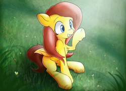 Size: 3182x2289 | Tagged: safe, artist:ando, fluttershy, pony, g4, cute, female, folded wings, grass, high res, looking at something, raised hoof, sitting, smiling, solo