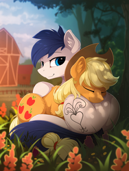 Size: 1652x2200 | Tagged: safe, artist:yakovlev-vad, applejack, oc, oc:constance everheart, earth pony, pony, g4, applejack's hat, barn, canon x oc, commission, cowboy hat, cuddling, dappled sunlight, duo, duo male and female, ear fluff, earth pony oc, everjack, eyebrows, eyebrows visible through hair, eyes closed, female, flower, hat, male, mare, outdoors, shipping, smiling, stallion, straight, sweet apple acres