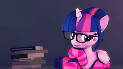 Size: 1920x1080 | Tagged: safe, artist:flushthebatsanta, twilight sparkle, alicorn, pony, g4, 3d, alternate hairstyle, book, bookhorse, clothes, female, glasses, i can't believe it's not sci-twi, looking at you, poster, socks, solo, source filmmaker, striped socks, twilight sparkle (alicorn), twilight's professional glasses