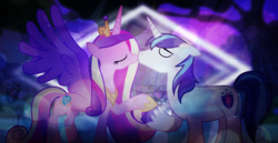 Size: 1980x1020 | Tagged: safe, artist:90sigma, artist:bubbly-storm, artist:csillaghullo, edit, princess cadance, shining armor, alicorn, pony, unicorn, g4, canterlot gardens, duo, female, hoof hold, kiss on the lips, kissing, male, mare, night, ship:shiningcadance, shipping, stallion, straight, vector, wallpaper, wallpaper edit