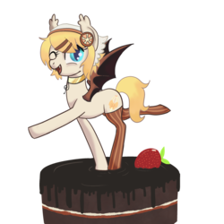 Size: 1000x1000 | Tagged: safe, artist:pvrtypoison, oc, oc only, oc:sweet magic, bat pony, pony, cake, clothes, collar, cute, cute little fangs, ear fluff, fangs, food, looking at you, one eye closed, simple background, socks, solo, transparent background, wink