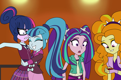 Size: 2550x1680 | Tagged: safe, artist:feroxultrus, adagio dazzle, aria blaze, sci-twi, sonata dusk, twilight sparkle, equestria girls, g4, bear hug, crying, gem, grin, hug, pain, ship:twinata, smiling, surprised, tears of joy