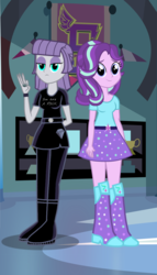 Size: 3424x5968 | Tagged: safe, artist:drewmwhit, artist:themexicanpunisher, boulder (g4), maud pie, starlight glimmer, equestria girls, g4, absurd resolution, boots, breasts, clothes, crystal prep academy, cutie mark, female, high heel boots, looking at you, new outfit, skirt, trophy