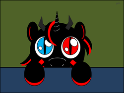 Size: 963x723 | Tagged: artist needed, safe, oc, oc only, alicorn, demon pony, pony, alicorn oc, blush sticker, blushing, green background, heterochromia, horn, red and black oc, simple background, solo, tricorn